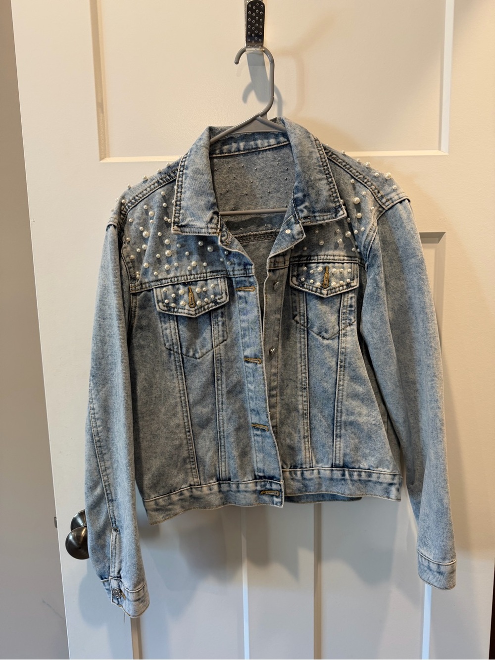 LifeShe Embroidered Pearl Denim Jean Jacket Coat